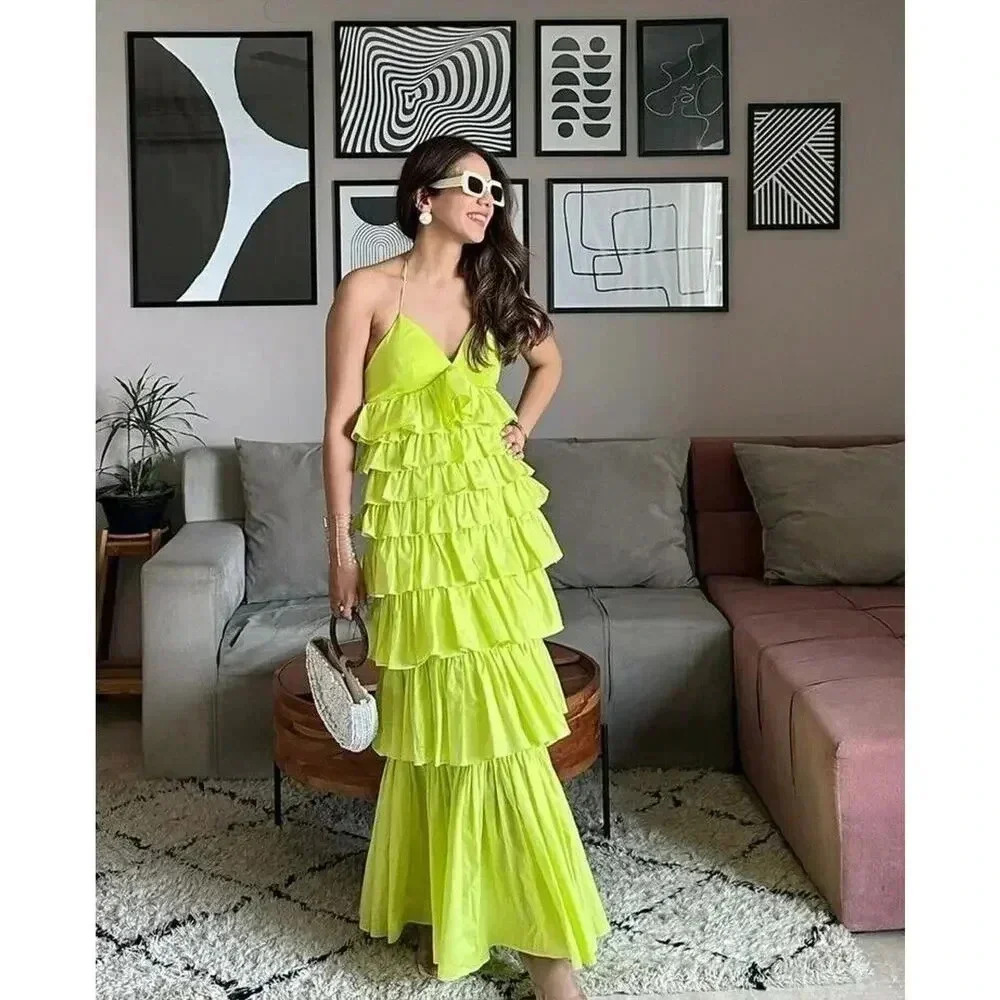 Staud Rylie Green Sleeveless Tiered BOUGAINVILLEA Ruffled Maxi Dress Sz L - Picture 4 of 16